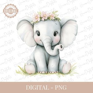 Clipart de bebê elefante em aquarela – Elefante com coroa floral PNG, Clipart de chá de bebê, Arte de elefante para berçário, Bebê menina Safari PNG