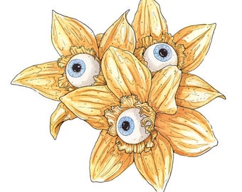 May include: Illustration of three yellow flowers with detailed petals, each featuring a human eye in the center. The eyes have light blue irises and black pupils, creating a surreal and slightly unsettling floral design on a white background.