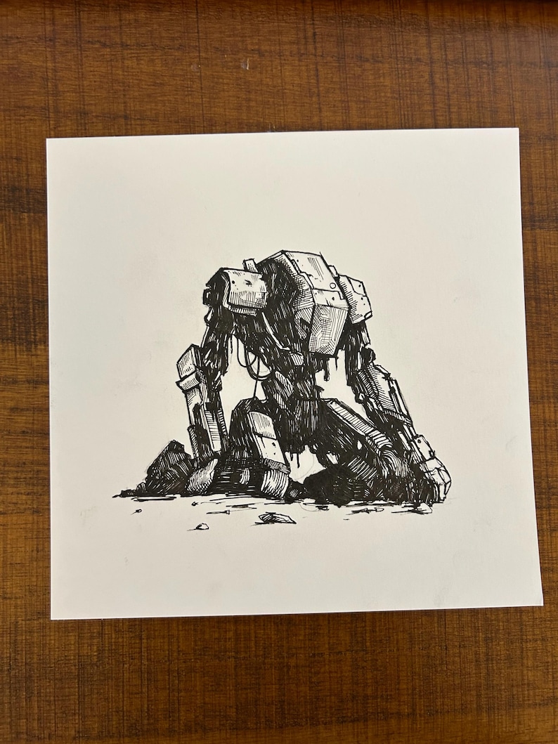 May include: A black and white pen and ink drawing of a mechanical robot kneeling on the ground. The robot has a boxy head and body with detailed mechanical parts. The artwork is on a white square paper.