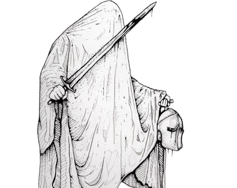 May include: A black and white line drawing of a cloaked figure wearing a crown. The figure is holding a sword and a helmet in their hands.
