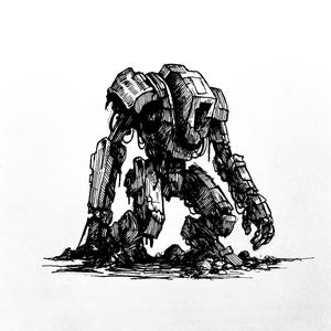 May include: A detailed black and white pen and ink illustration of a mechanical robot in a kneeling position. The robot has a blocky, industrial design with visible wires and mechanical details. The artwork is set against a plain white background.