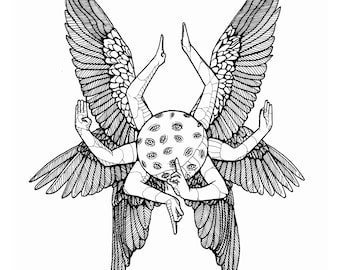 May include: Black and white line drawing of a creature with multiple arms and wings. The creature has a circular head with many eyes.
