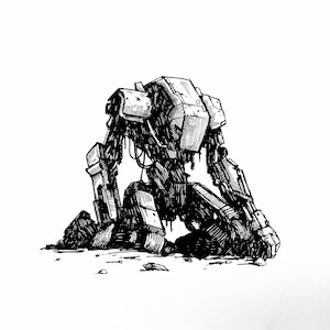 May include: A detailed black and white pen and ink illustration of a robotic figure in a kneeling position. The robot has a blocky, industrial design with visible wires and panels. The artwork has a gritty, post-apocalyptic feel.