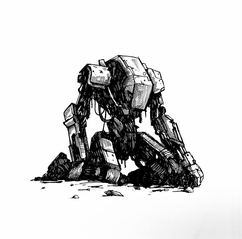 May include: A detailed black and white pen and ink illustration of a robotic figure in a kneeling position. The robot has a blocky, industrial design with visible wires and panels. The artwork has a gritty, post-apocalyptic feel.