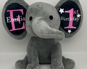 Kuscheltier Elefant Personalisiert für Kindergeburtstag, Geschenkidee, Überraschung, Geburt und Geburtstage.