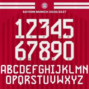 May include: A red background featuring the Bayern Munich 2026/2027 logo, white numbers 1 through 0, and the full alphabet in white capital letters. The numbers have a small circular logo at the base, and the background has vertical stripes.