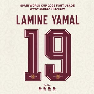 Puede incluir: Un gráfico digital que muestra el texto SPAIN WORLD CUP 2026 FONT USAGE AWAY JERSEY PREVIEW, el nombre LAMINE YAMAL y el número 19 en una fuente color granate oscuro con bordes blancos. El número 19 incluye pequeños escudos españoles dorados.
