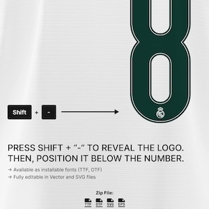 May include: A digital graphic featuring a large dark green number eight on a white background. Instructions read: PRESS SHIFT + "-" TO REVEAL THE LOGO. THEN, POSITION IT BELOW THE NUMBER. Includes file format icons for TTF, OTF, SVG, and EPS.