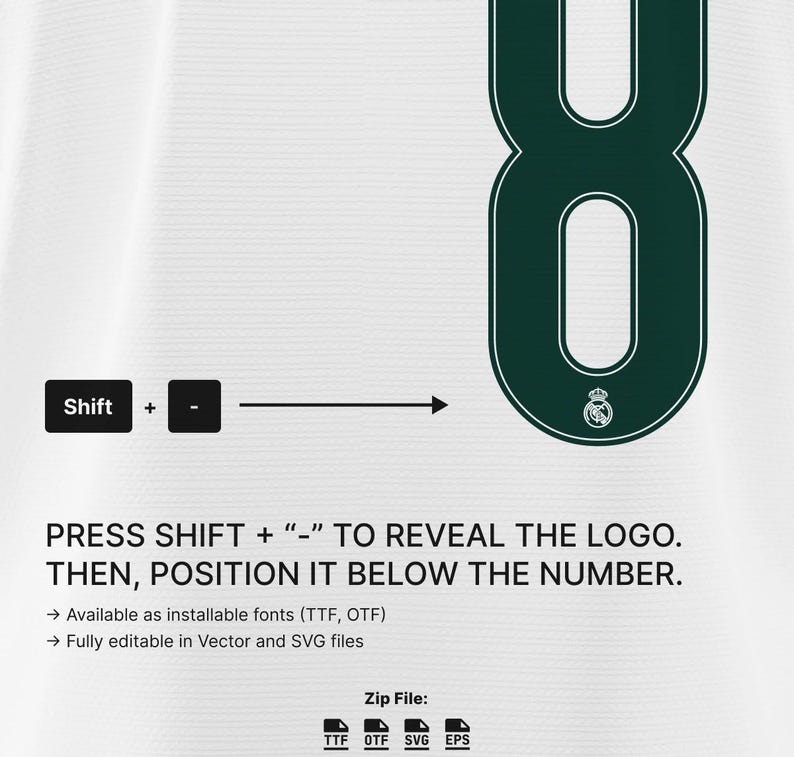 May include: A digital graphic featuring a large dark green number eight on a white background. Instructions read: PRESS SHIFT + "-" TO REVEAL THE LOGO. THEN, POSITION IT BELOW THE NUMBER. Includes file format icons for TTF, OTF, SVG, and EPS.