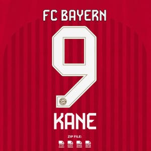 Könnte beinhalten: Eine rote Grafik mit dem Text FC BAYERN oben, einer großen weißen Nummer 9 mit einem kleinen FC Bayern Logo an der Basis und dem Namen KANE darunter. Der Hintergrund hat vertikale rote Streifen. Unten steht der Text ZIP FILE: TTF OTF SVG EPS.