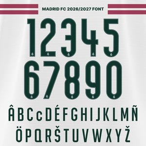 May include: A set of dark green Madrid FC 2026/2027 font characters displayed on a white background. The collection includes numerals 1 through 0 and a full alphabet featuring various accented letters, each with a small club logo at the base.