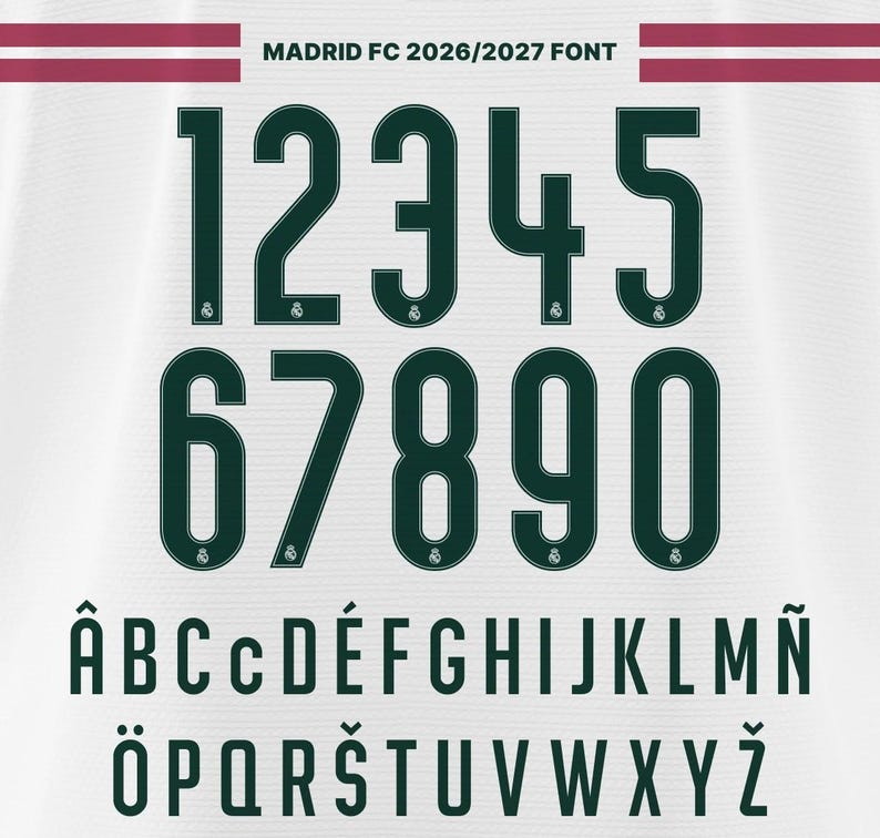 May include: A set of dark green Madrid FC 2026/2027 font characters displayed on a white background. The collection includes numerals 1 through 0 and a full alphabet featuring various accented letters, each with a small club logo at the base.