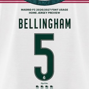 May include: A white sports jersey back featuring the dark green text BELLINGHAM above a large dark green number 5 with a small emblem at the base. Text reads MADRID FC 2026/2027 FONT USAGE HOME JERSEY PREVIEW and Zip File with TTF, OTF, SVG, EPS icons.