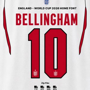 May include: A white digital graphic featuring the England World Cup 2026 home font. The text reads BELLINGHAM above the number 10 in red with black outlines. The England national team crest is visible at the top and inside the number 10.