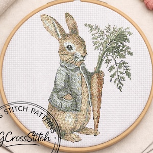Rabbit Cross Stitch Pattern, Brown Bunny Cross Stitch Design, Spring Summer Rabbit Easter Bunny Blue Jacket Carrot Rabbit (Digital Download)