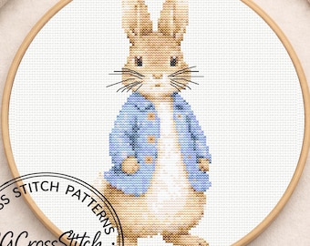 Patrón de punto de cruz de conejo, diseño de punto de cruz de conejito marrón, conejo de primavera y verano, conejo de Pascua con chaqueta azul (descarga digital)