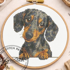 May include: A cross-stitch design of a dachshund dog in a wooden hoop. The dog's coat is black, brown, and tan. The text "CROSS STITCH PATTERNS" and "CG Cross Stitch" are in a circle at the bottom left of the image.