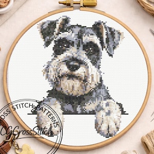 Pode incluir: Um padrão de ponto cruz da cabeça e patas dianteiras de um cão Schnauzer em tons de cinza, preto e branco, exibido num bastidor de madeira redondo. O design apresenta um retrato canino detalhado com uma aparência texturizada.