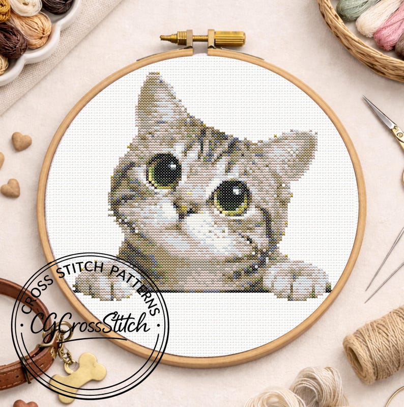 Tabby Pattern Circular Tabby Cat Cross Stitch Pattern, Cute Tabby Gray Cat Cross Stitch Design ...