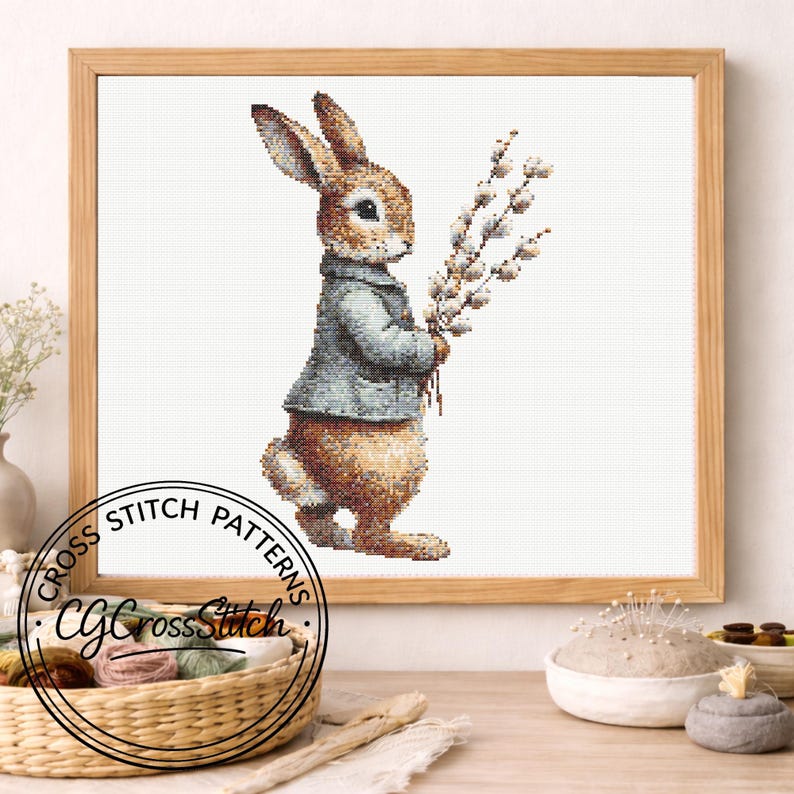 Rabbit Cross Stitch Pattern, Brown Bunny Cross Stitch Design, Spring ...