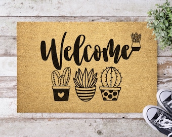 Welcome Succulent Doormat, House Plant Doormat, Houseplant Outdoor Mat, Potted Plant Mat, Homecoming Gift, Housewarming Gift, New House Mat