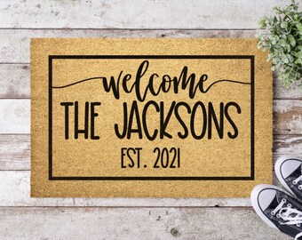 Personalized Doormat, Custom Doormat, Welcome Doormat, Outdoor Mat, Front Door Mat, Welcome Family Name New Family Established Home Gift
