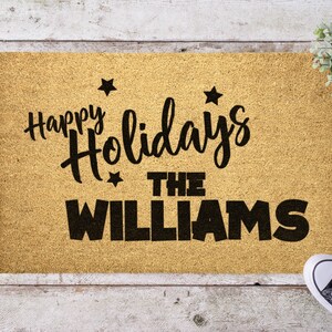 Personalized Happy Holidays Doormat, Custom Doormat, Holiday Doormat, Outdoor Mat, Front Door Mat, Family Name, Last Name Mat, Holiday Gift
