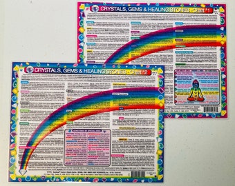 Juego de 2 láminas: CRISTALES, PIEDRAS CURATIVAS, Gemas (láminas n.° 1 y n.° 2), Chakras. Laminadas, 8.5 x 11 pulgadas. Póster pequeño/Tarjetas grandes. Serie Inner Light Rainbow®.