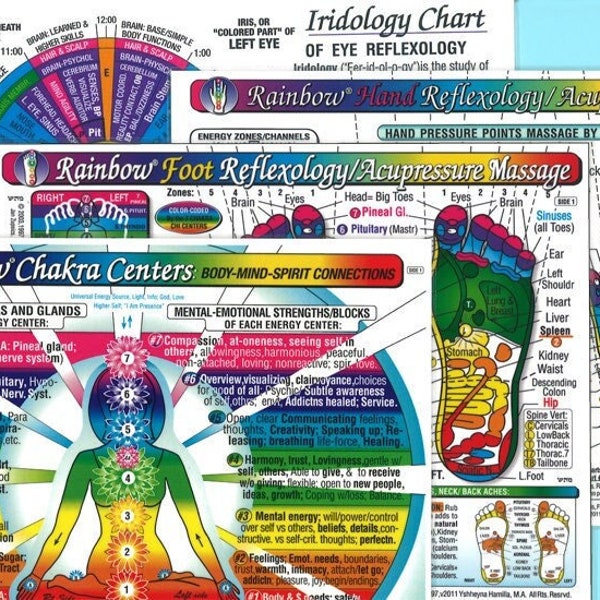 4 Chrt Set: REFLEXOLOGY FOOT+ Hand, CHAKRAS, Eye Reflex. (Iridology). Inner Light Rainbow® Charts. 8.5x11; 2sided Laminatd.Sm Poster/Lg Card