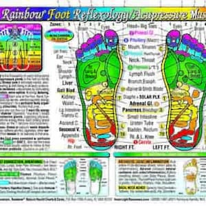Puede incluir: Un gr&aacute;fico colorido titulado "Rainbow Foot Reflexology/Acupressure Massage" muestra diagramas de pies con zonas etiquetadas. El gr&aacute;fico incluye texto e ilustraciones que detallan los puntos de reflexolog&iacute;a y los sistemas corporales, con un esquema de color arco&iacute;ris.