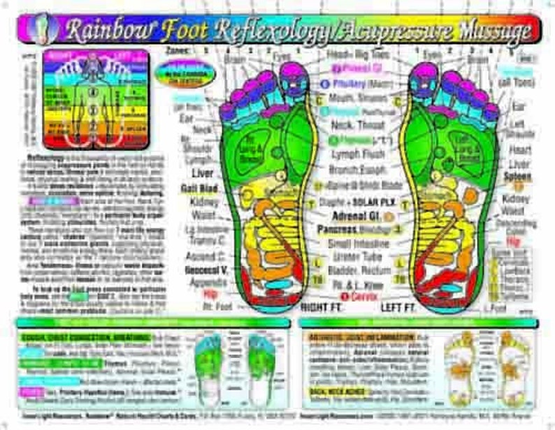 Puede incluir: Un gr&aacute;fico colorido titulado "Rainbow Foot Reflexology/Acupressure Massage" muestra diagramas de pies con zonas etiquetadas. El gr&aacute;fico incluye texto e ilustraciones que detallan los puntos de reflexolog&iacute;a y los sistemas corporales, con un esquema de color arco&iacute;ris.