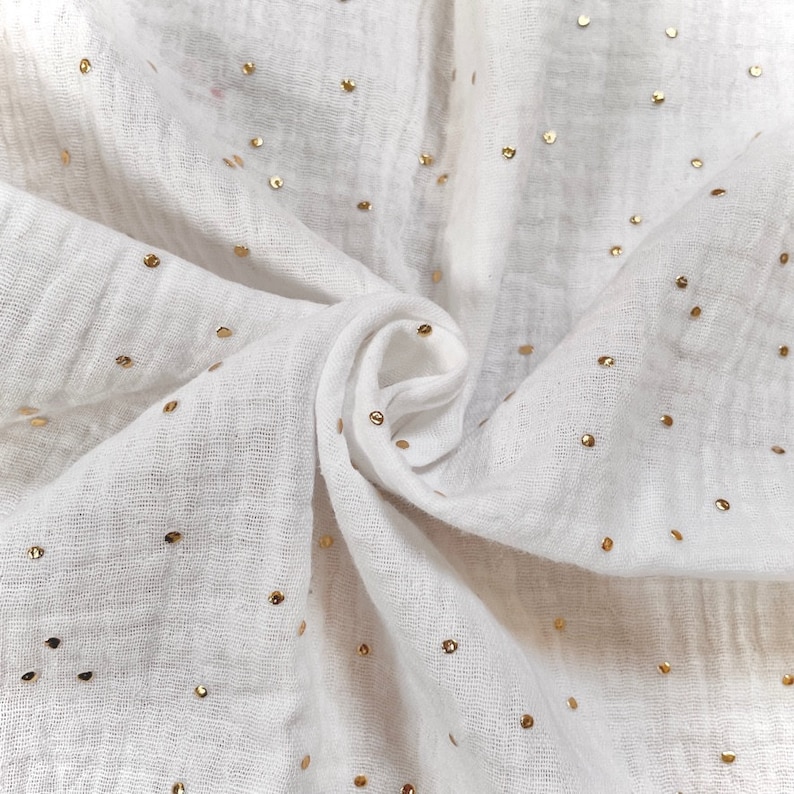 Double Gauze Fabric with Gold Polka Dots / 100% Oeko-Tex Cotton Fabric / Many colors to choose from 23-Blanc