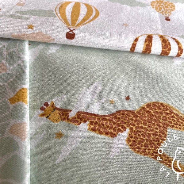 Tissu 100% Coton Oeko-Tex / Animaux / Voyage / Girafe / Montgolfière / Nuage