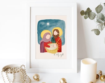 Nativity Print, Mary, Joseph, and Baby Jesus Christmas Art, Picture of Jesus, Christian Holiday art, Boho Jewel Tones