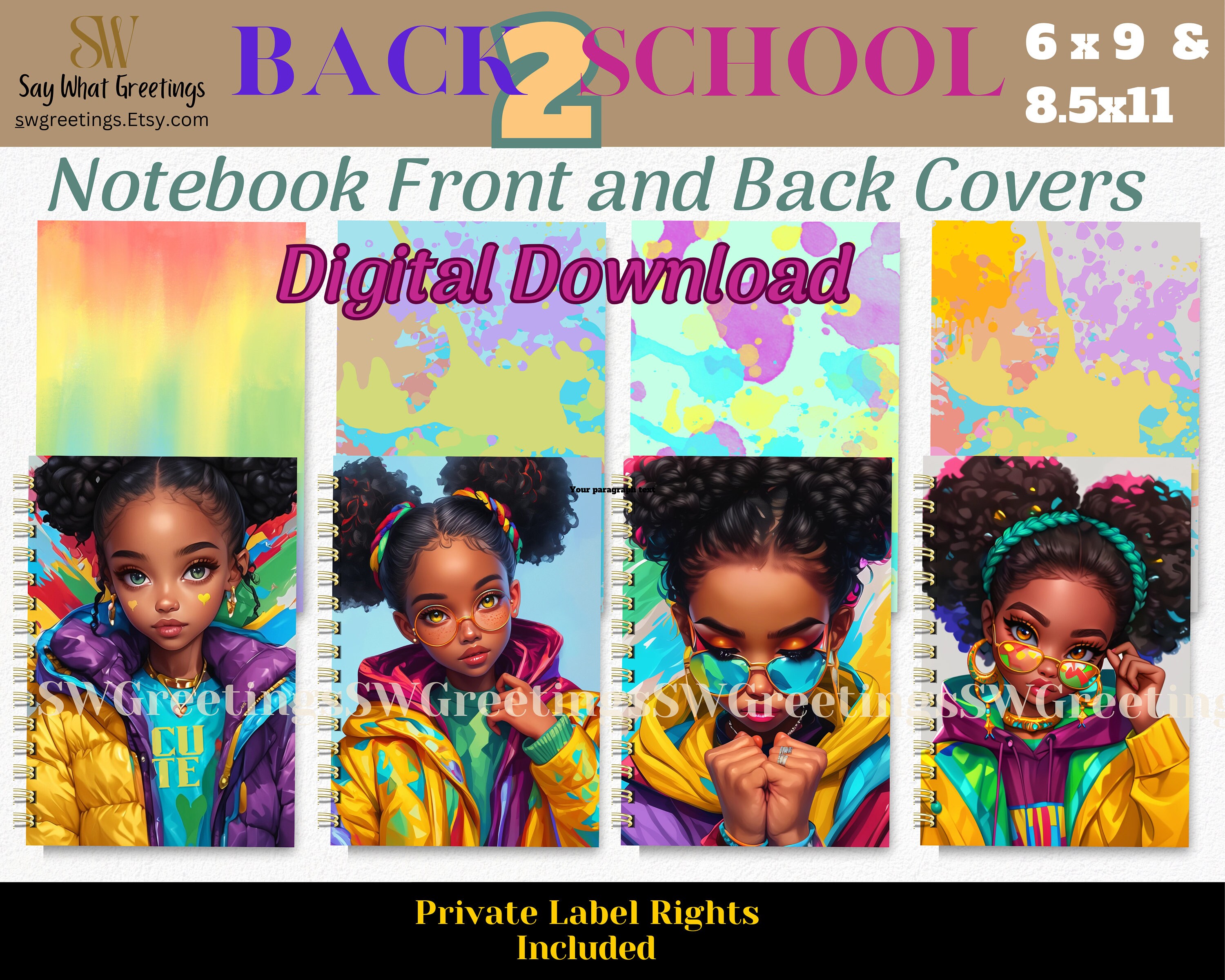 PLR Colorful Girls Back to School PLR Notebook Covers - 6x9 & 8.5x11 ...