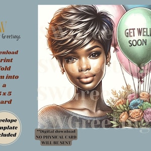 Étreinte chaleureuse - Imprimez et pliez la carte Get Well Soon, femme afro-américaine avec des ballons et des fleurs pastel, versets inclus