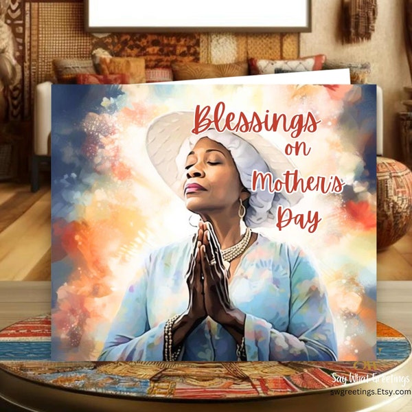 African American Mother’s Day Card, 5x5 Blessings Greeting Card with Envelope, Spiritual Mother’s Day Card, Elegant Church Lady Card