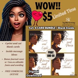 Expresiones de gracia: Juego de tarjetas de agradecimiento digital 5 x 5 con plantilla de Canva de portada de diario ADICIONAL, Mujeres afroamericanas, Mensajes inspiradores