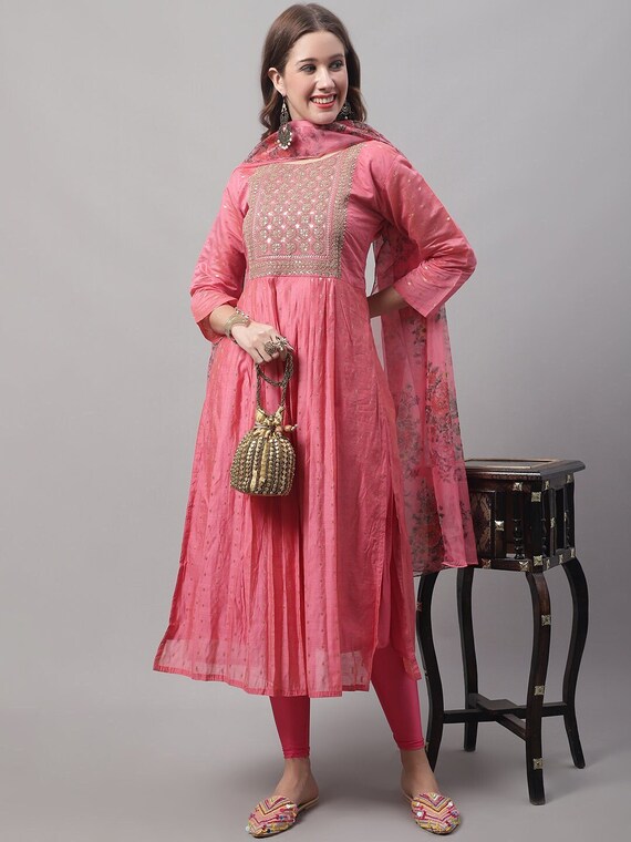 Buy Blue Chanderi Silk Kurti Set with Organza Dupatta | Studio Bustle