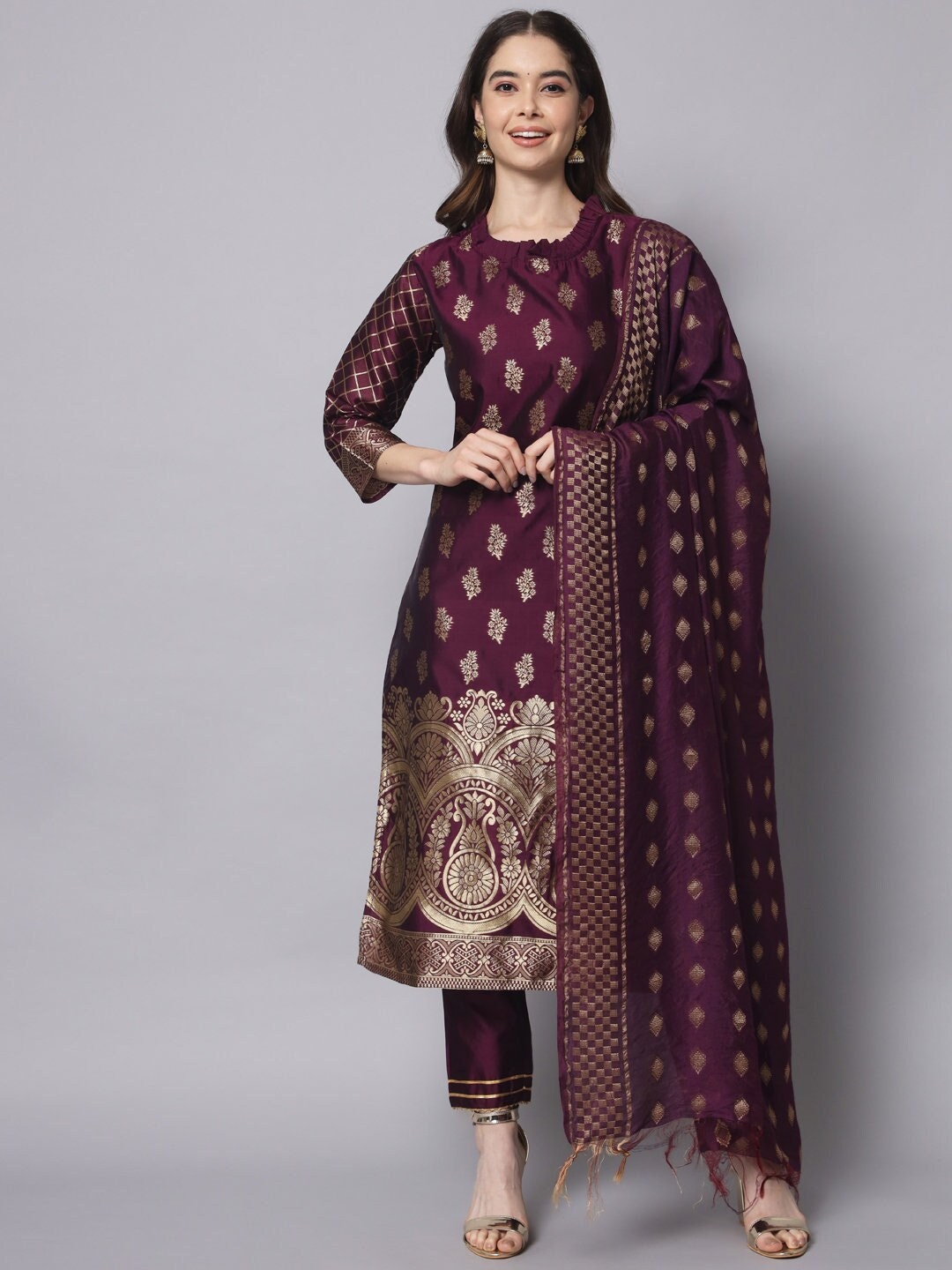 Buy Indian Party Cotton Silk Jacquard Banarasi Silk Straight Has a Round Neck  Kurta Pant & Dupatta Sleeve Length 17 Inches Hems and a Side Slit Online in  India - Etsy