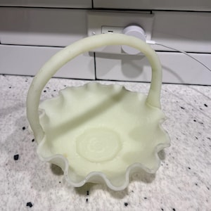 Vintage Fenton Custard Uranium Satin Glass Basket Candy Dish Collectible
