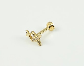 14K Solid Gold Tiny Double CZ Star Internally Labret Stud Earring,Tragus Stud Earring, Conch Stud, Tiny Earring, Flat Back Earring