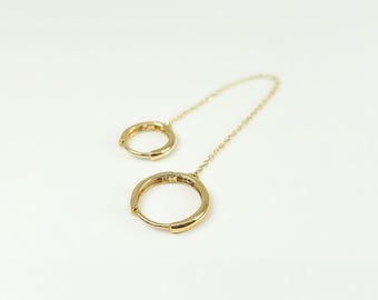14k Solid Gold Double Rings Threader Earring, Minimalist Chain Drop Jewelry