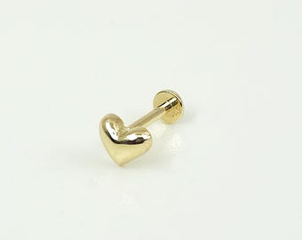 14K Solid Gold Tiny Heart Labret Stud Earring, Internally Threaded Tragus Conch Piercing