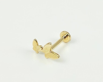 14K Solid Gold Tiny Double Butterfly Internally Labret Stud Earring,Tragus Stud Earring, Conch Stud, Tiny Earring, Flat Back Earring