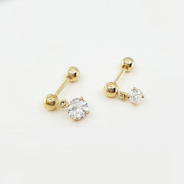 14k Solid Gold Dangling CZ Stud Earring, Piercing Earring, Mini Balls Screw Back Single Stud Earring,  Minimalist Earrings, Daily Earring