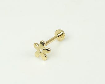 14K Solid Gold Tiny Flower Labret Stud Earring, Internally Threaded Tragus Conch Piercing