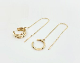 14K Solid Gold Chain Threader Ear Cuff Earrings, Golden Cartilage Conch Helix Piercing, Ear Cuff Wrap Earring