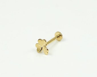 14K Solid Gold Tiny Clover Internally Threaded Labret Stud Earring, Tragus Stud Earring, Conch Stud, Tiny Earring, Flat Back Earring