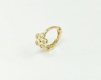 14k Solid Gold Tiny CZ Flower Huggie Hoop Earring, Cartilage Hoops, Tiny Small Hoops, Conch Hoop, Minimalist Earrings